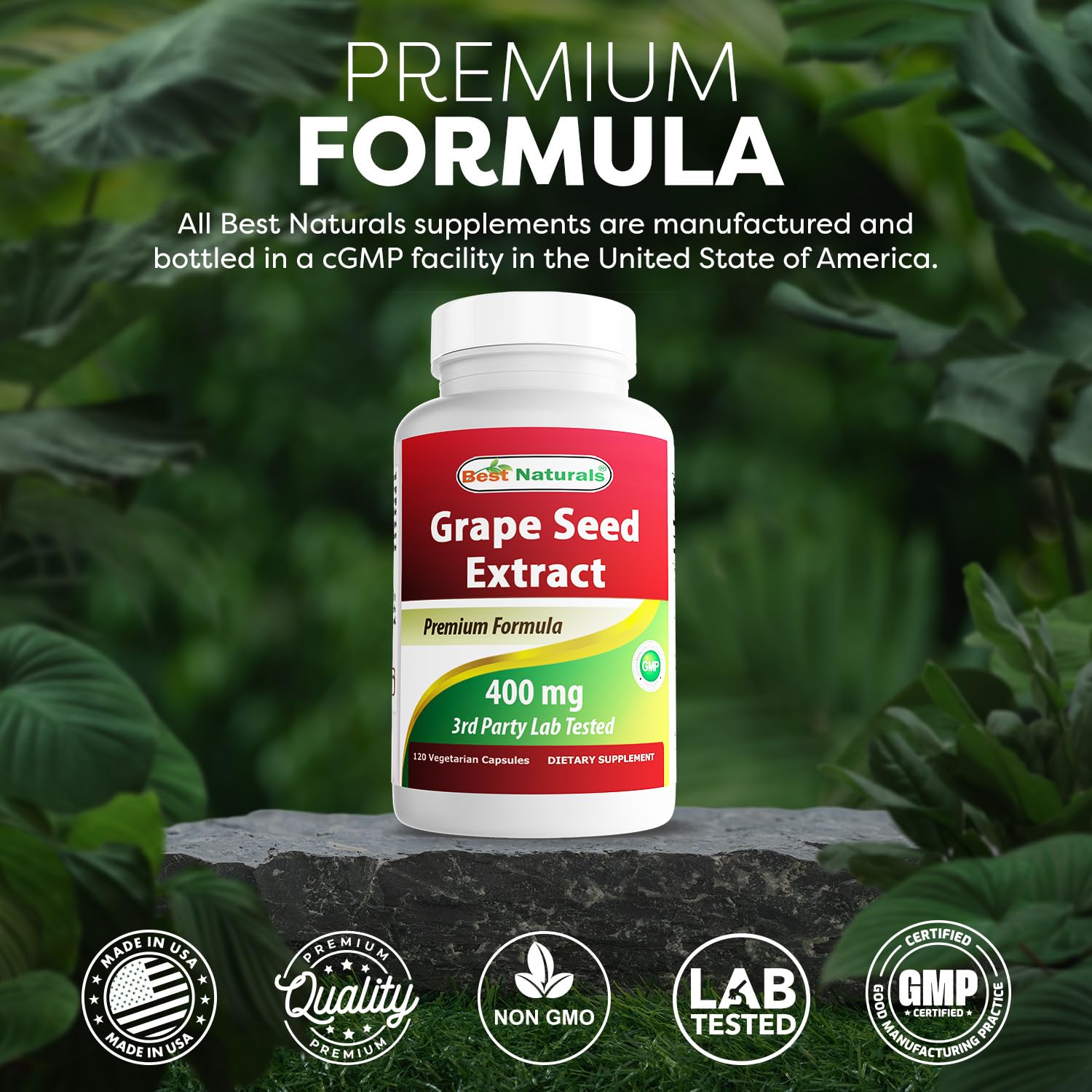 Best Naturals Grapeseed Extract on a desk beside a glass of water for easy daily use.
