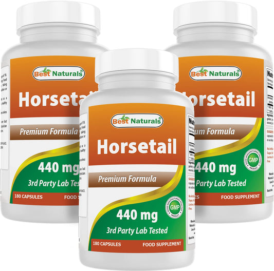 Best Naturals Horsetail 440 mg capsules bottle close-up for easy daily wellness.