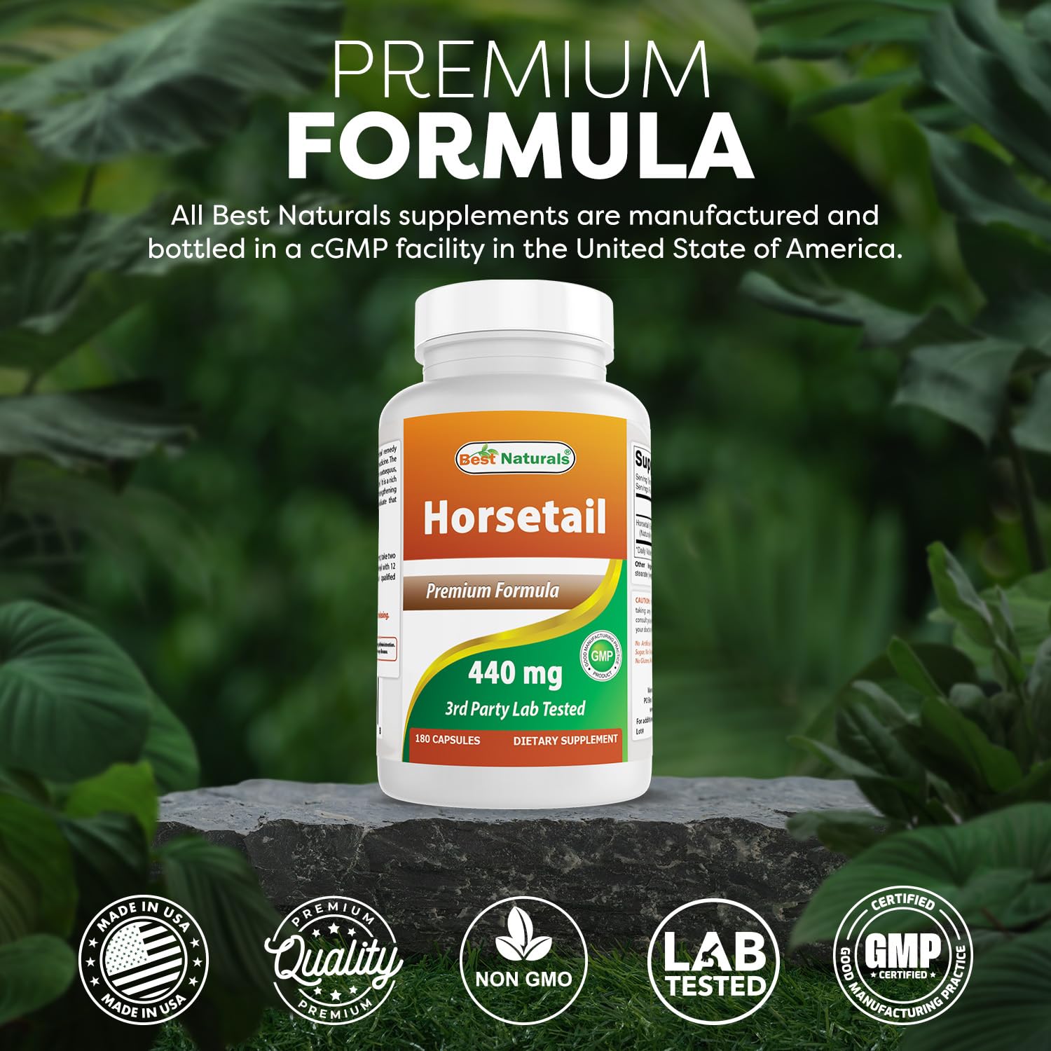 Best Naturals Horsetail capsules close-up, neutral taste and easy swallow.