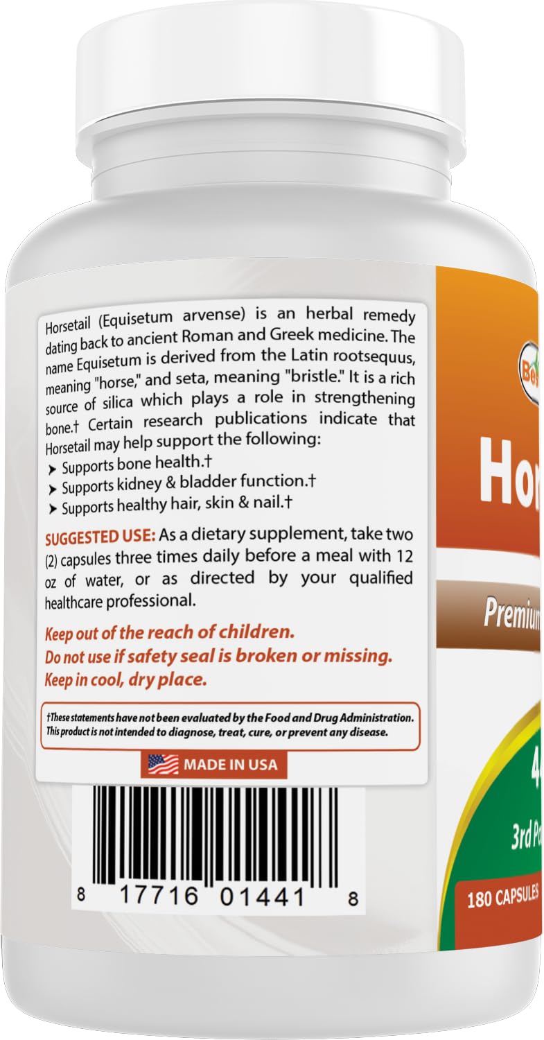 Best Naturals Horsetail capsules, individual pills ready to take.
