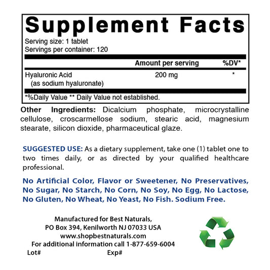 Closeup of Best Naturals Hyaluronic Acid tablets shows 200 mg per tablet for daily use.