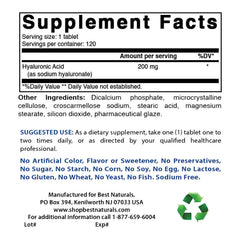 Closeup of Best Naturals Hyaluronic Acid tablets shows 200 mg per tablet for daily use.