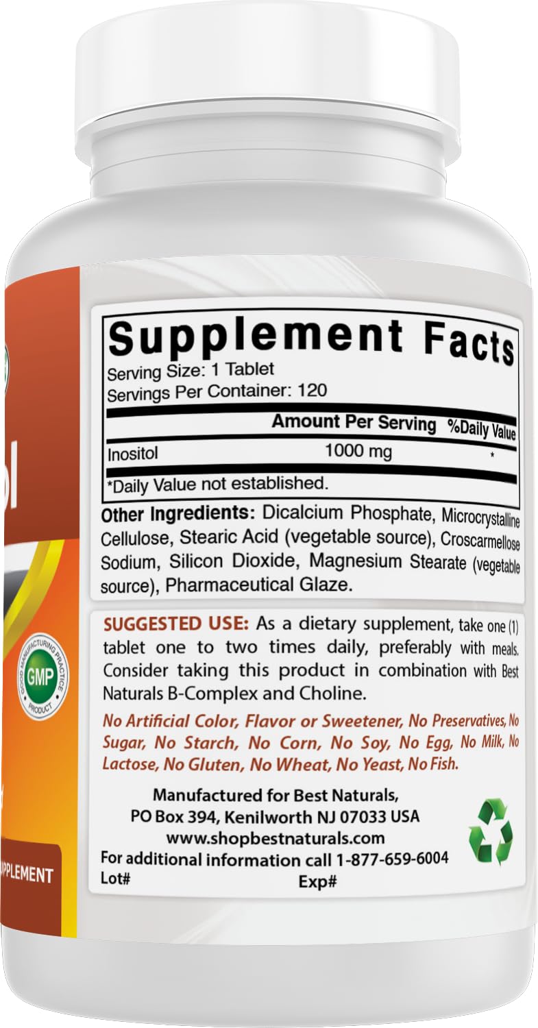 Best Naturals Inositol 1000 mg gluten-free icon signals allergen-free.