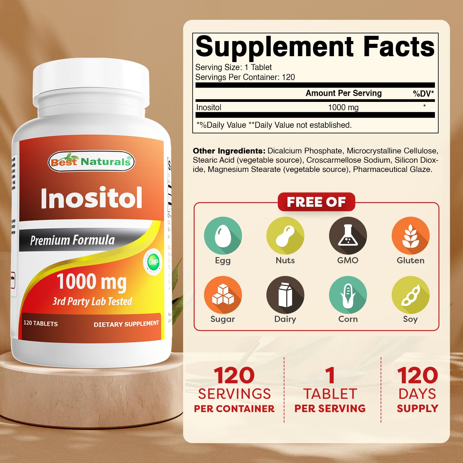 Close-up of Best Naturals Inositol 1000 mg tablets shows compact pills.