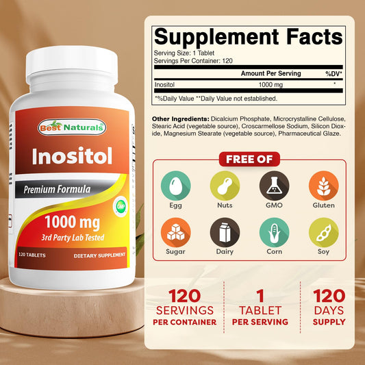 Close-up of Best Naturals Inositol 1000 mg tablets shows compact pills.