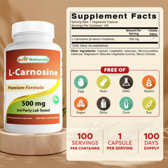 Close-up of Best Naturals L-Carnosine capsules for uniform dosing.