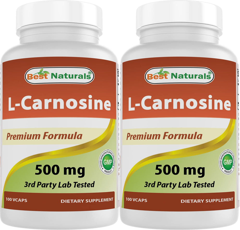 Best Naturals L-Carnosine bottle front shows 100 vegan capsules for daily use.