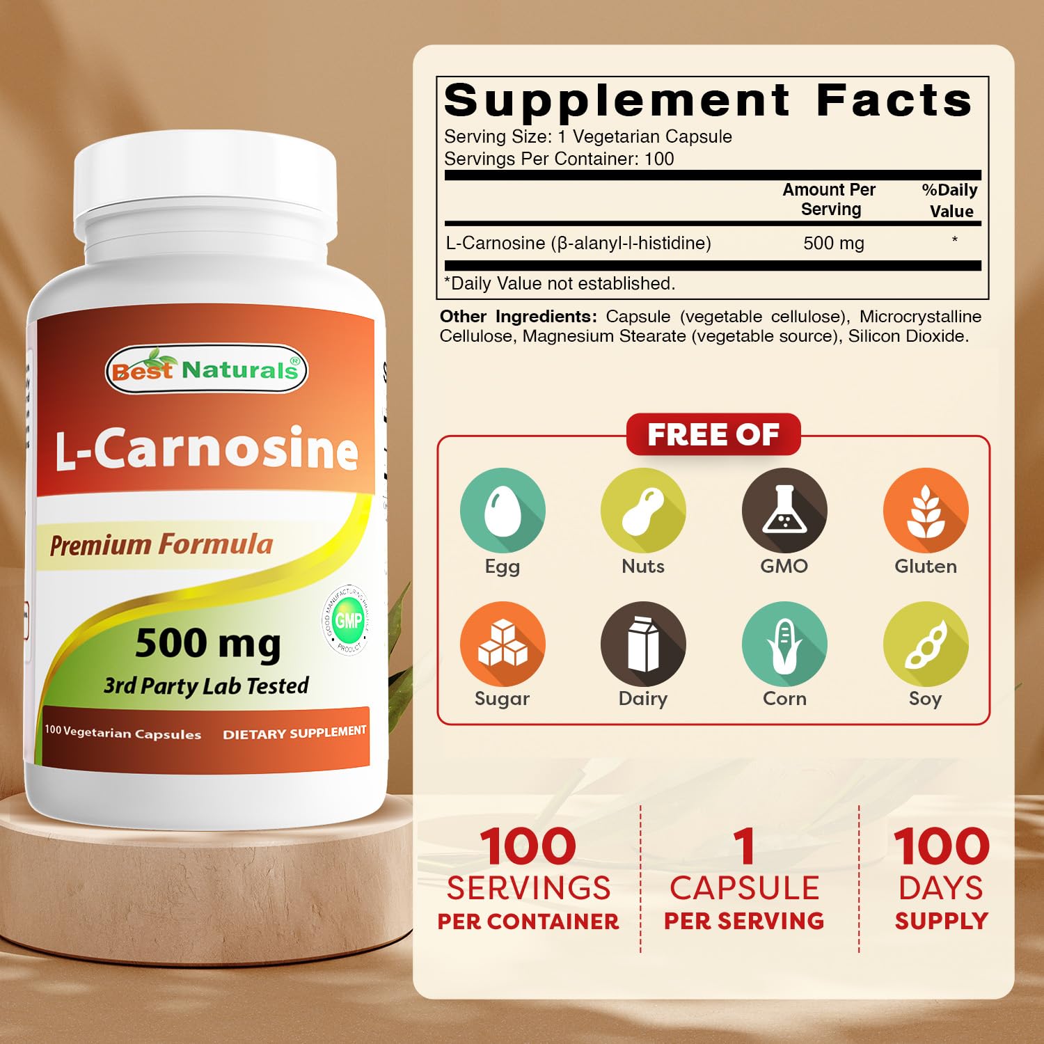 Best Naturals L-Carnosine capsules close-up highlights a smooth veggie shell.