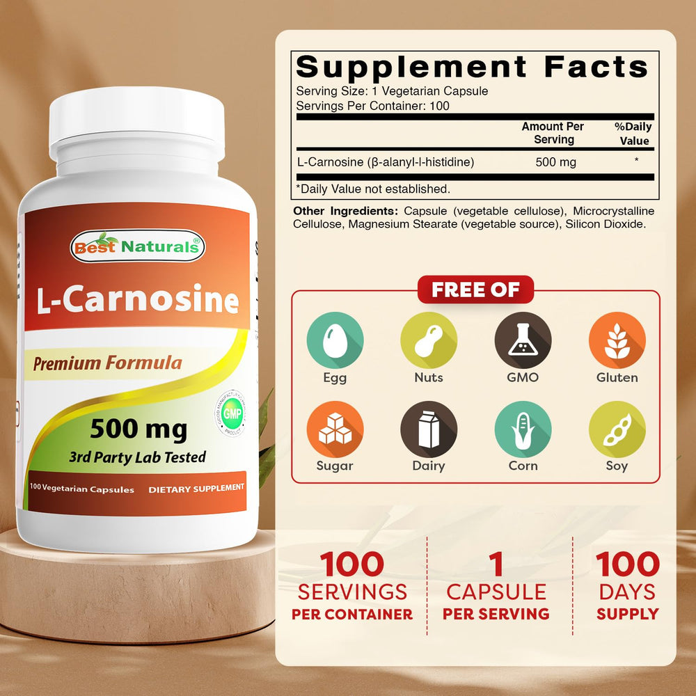 Best Naturals L-Carnosine capsules close-up highlights a smooth veggie shell.