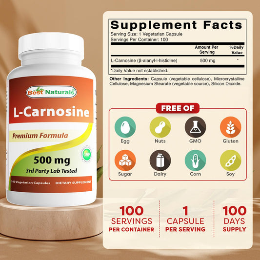 Best Naturals L-Carnosine capsules close-up highlights a smooth veggie shell.