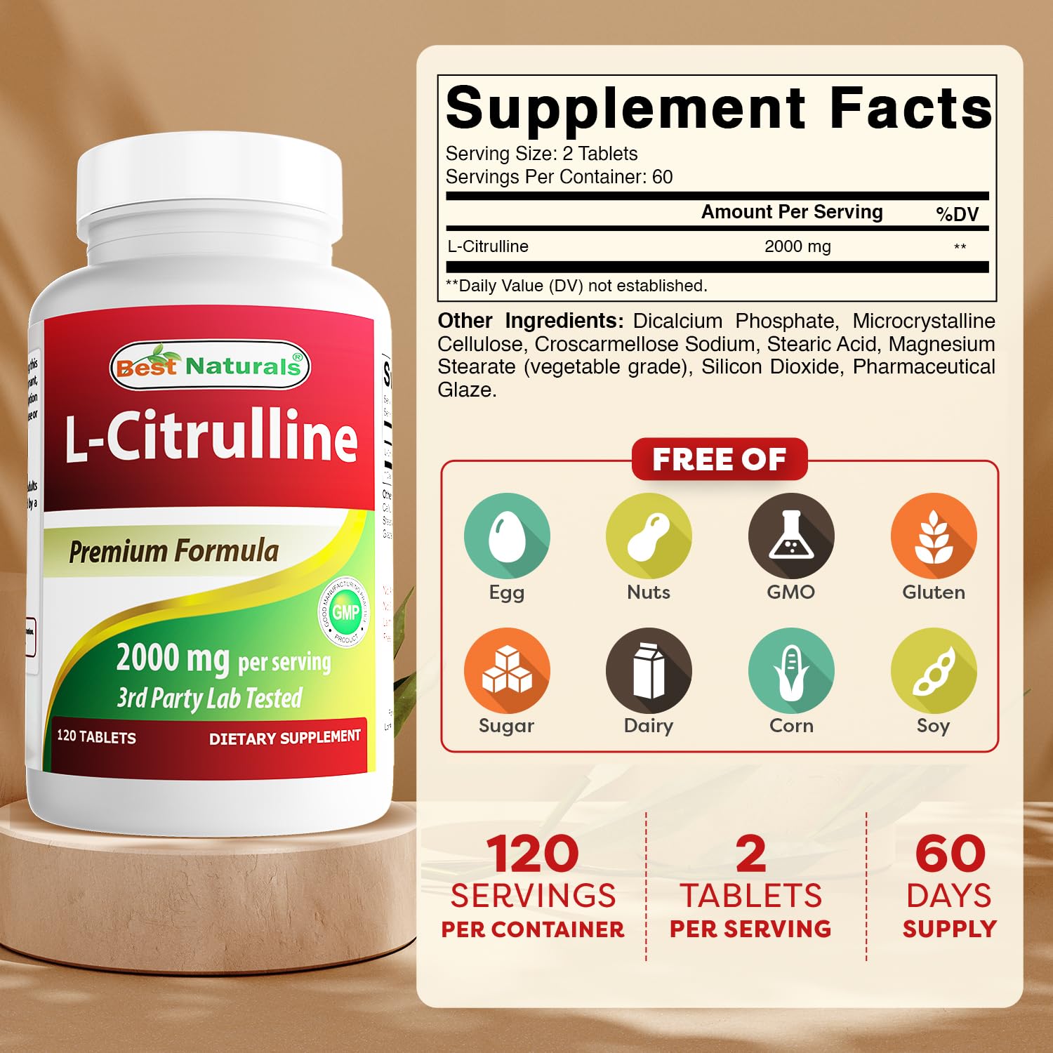Best Naturals L-Citrulline bottle back label highlights purity and quality.