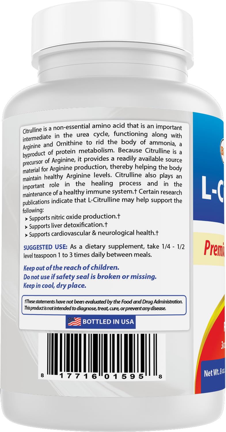 Gluten-free and non-GMO seal on Best Naturals L-Citrulline Powder tub