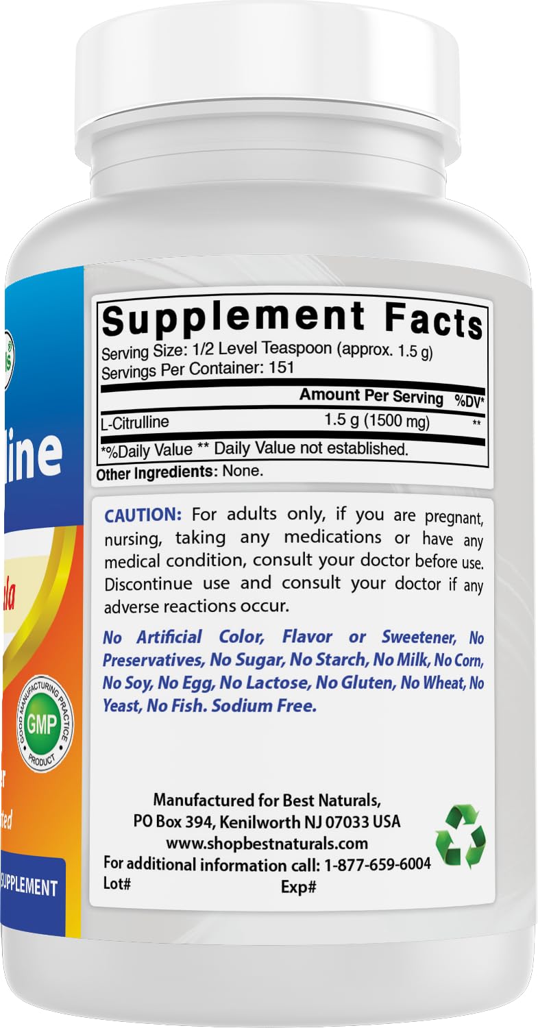 Ingredient list close-up on Best Naturals L-Citrulline Powder tub