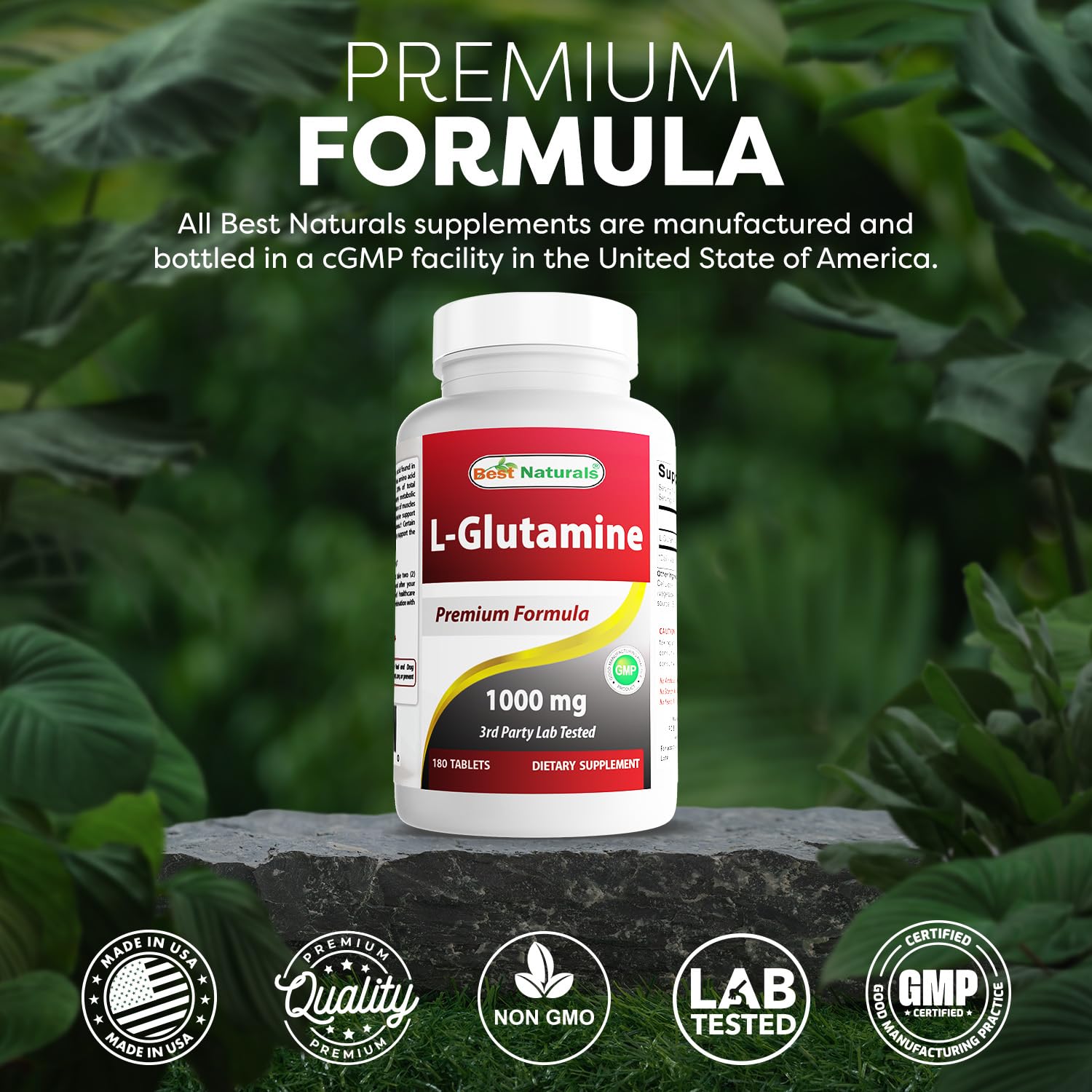 Best Naturals L-Glutamine GMP facility icon indicating high manufacturing standards.