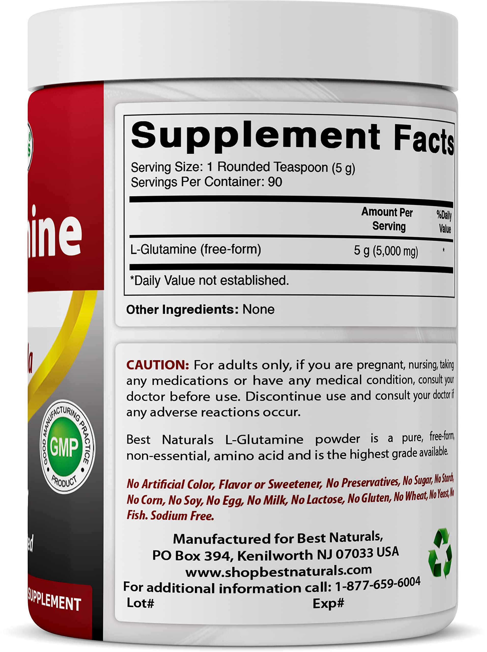 Best Naturals L-Glutamine Powder nutrition facts on bottle