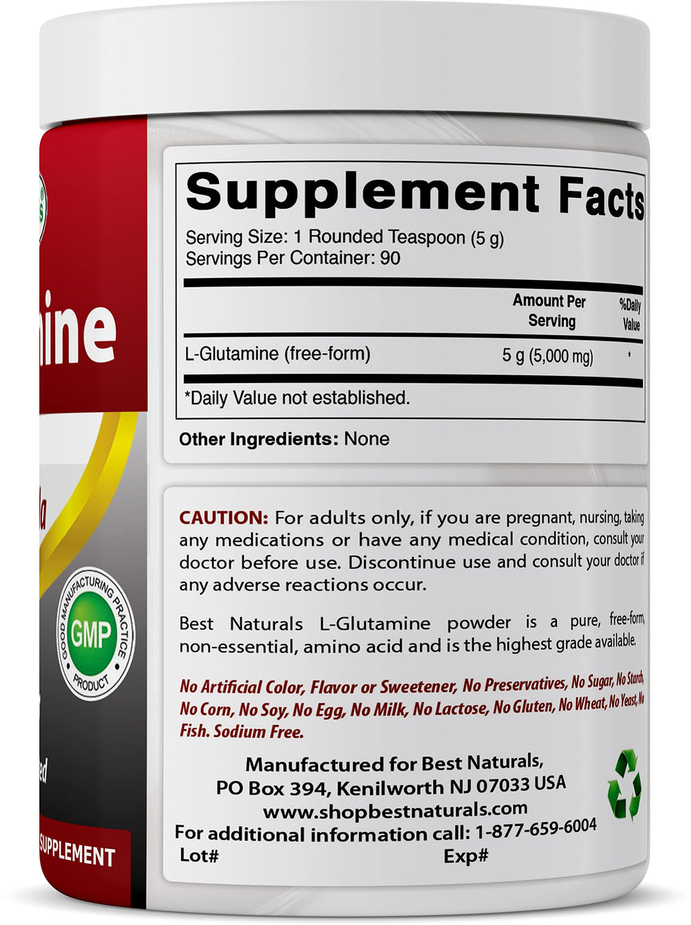 Best Naturals L-Glutamine Powder nutrition facts on bottle