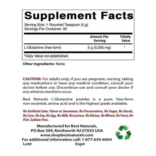 Best Naturals L-Glutamine Powder packaging showing two 1 lb bottles
