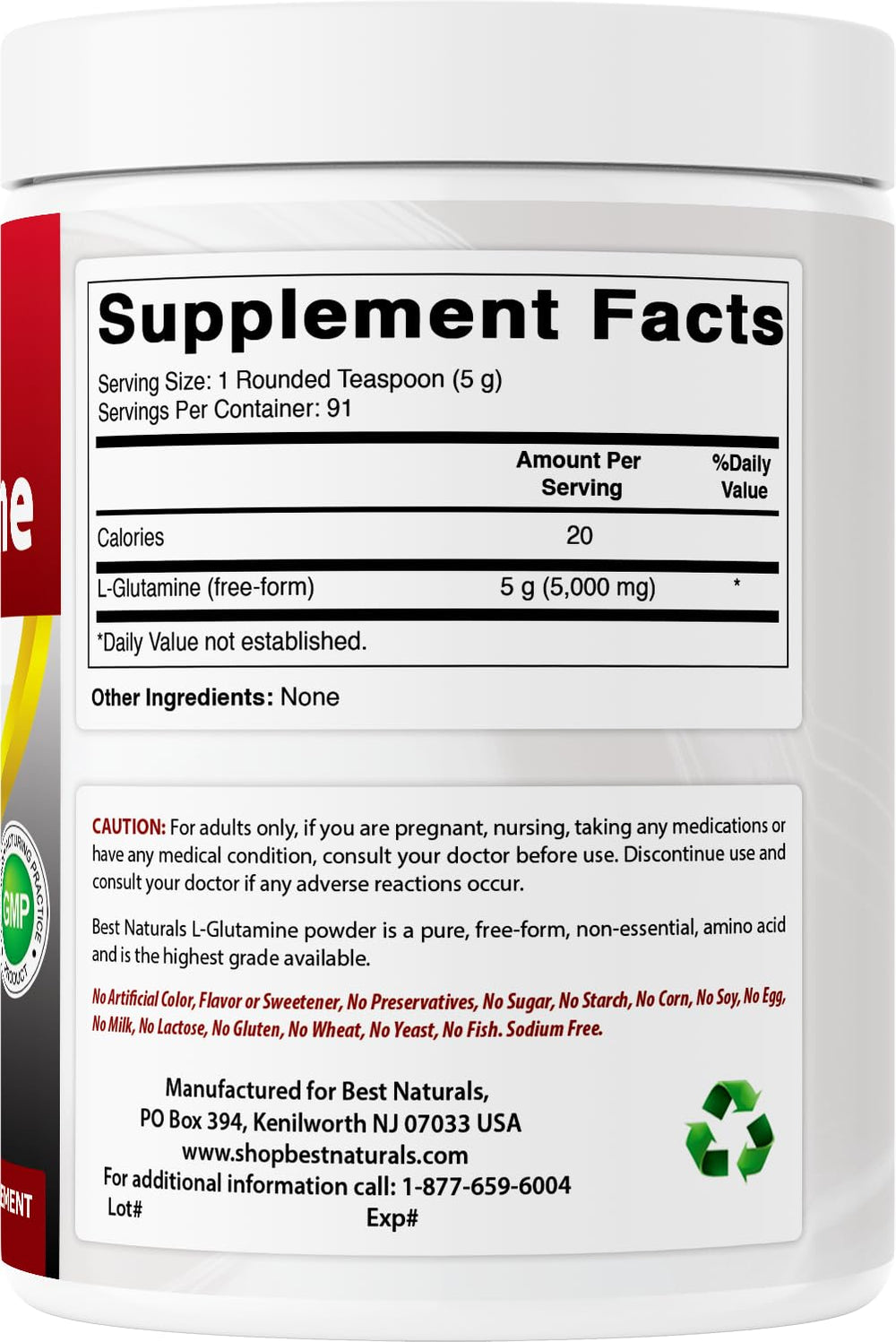 Best Naturals L-Glutamine Powder being poured into a glass