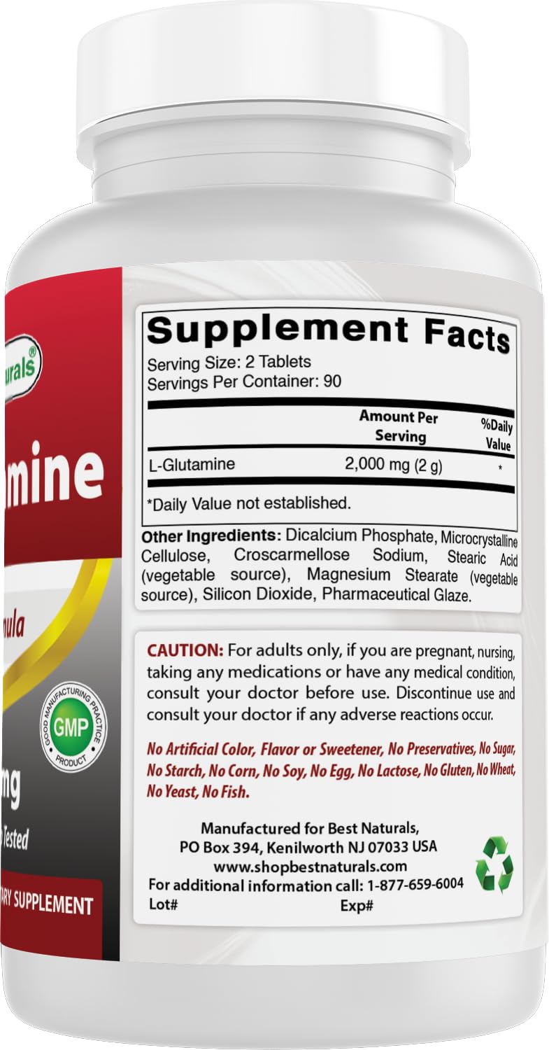 Best Naturals L-Glutamine supplement facts image with clear nutrition info.