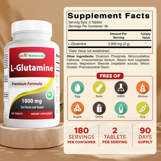 Best Naturals L-Glutamine tablets close-up showing 1000 mg dosage.