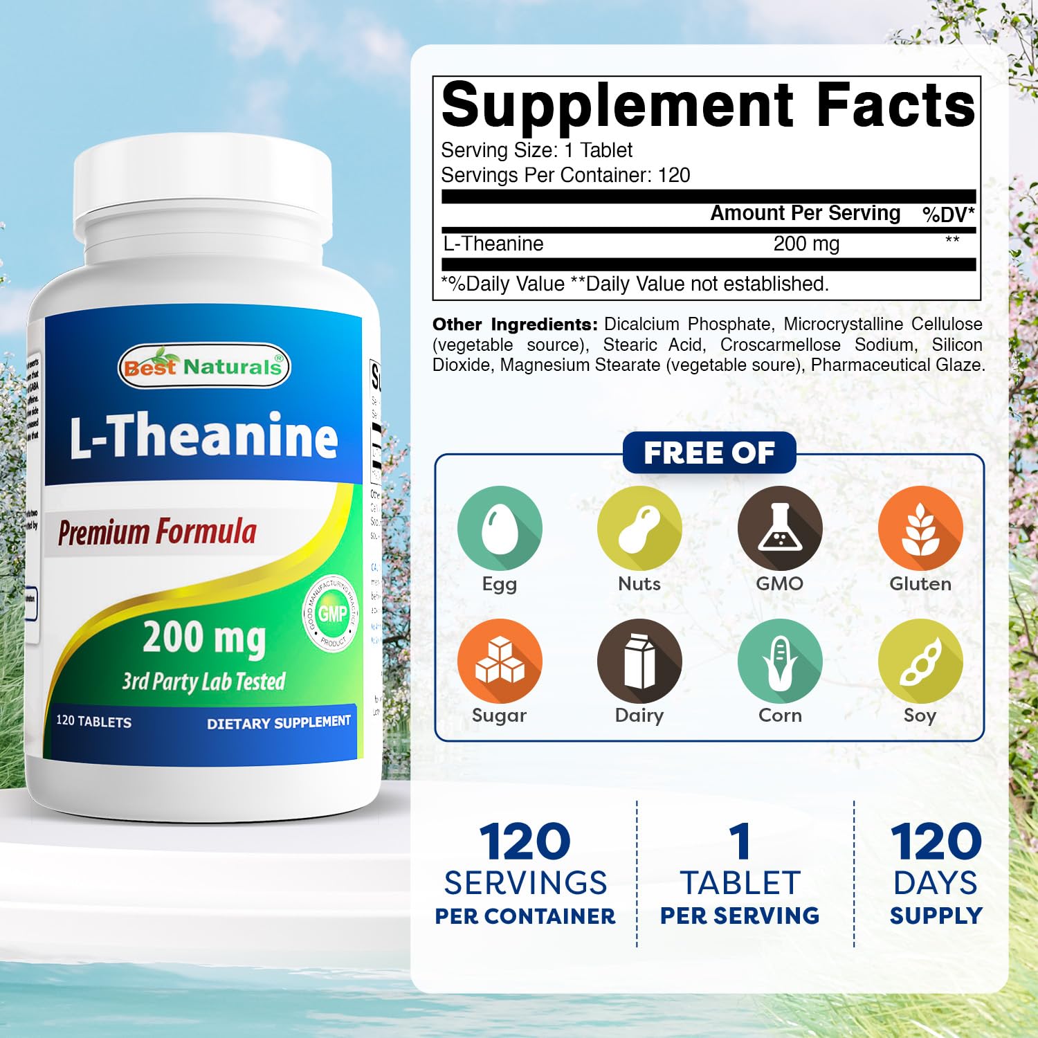 Best Naturals L-Theanine 120-count bottle designed for everyday relaxation.