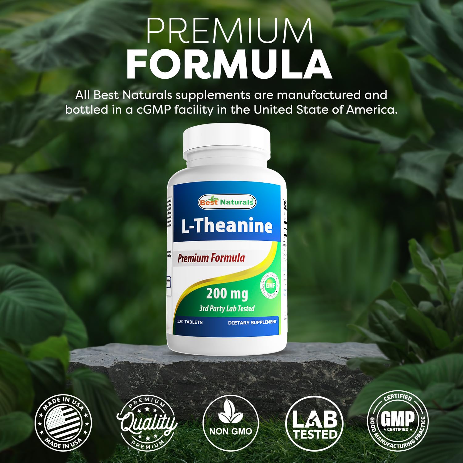 Best Naturals L-Theanine ingredient declaration emphasizing purity status.