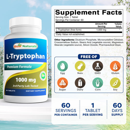Close-up of Best Naturals L-Tryptophan 1000mg tablets for easy dosing