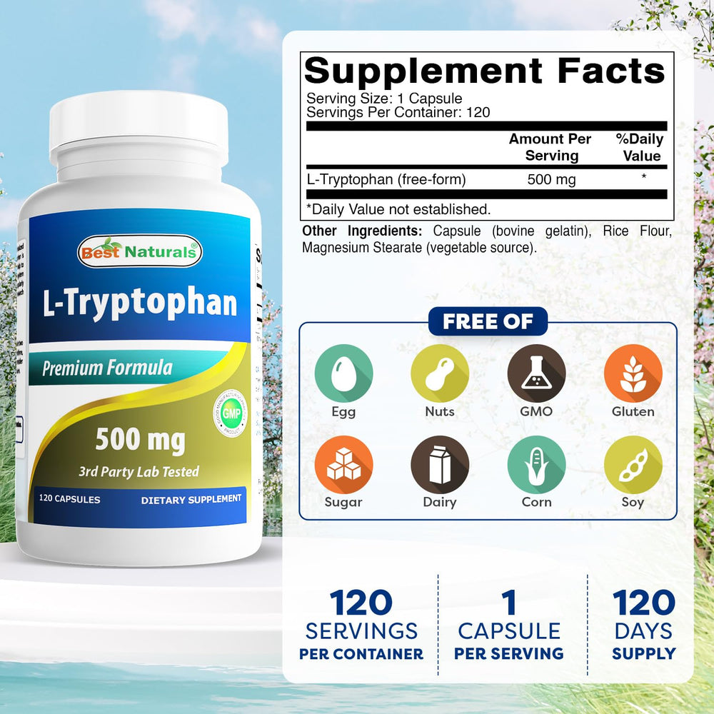 Best Naturals L-Tryptophan 500 mg bottle side view with clear supplement facts for easy planning.