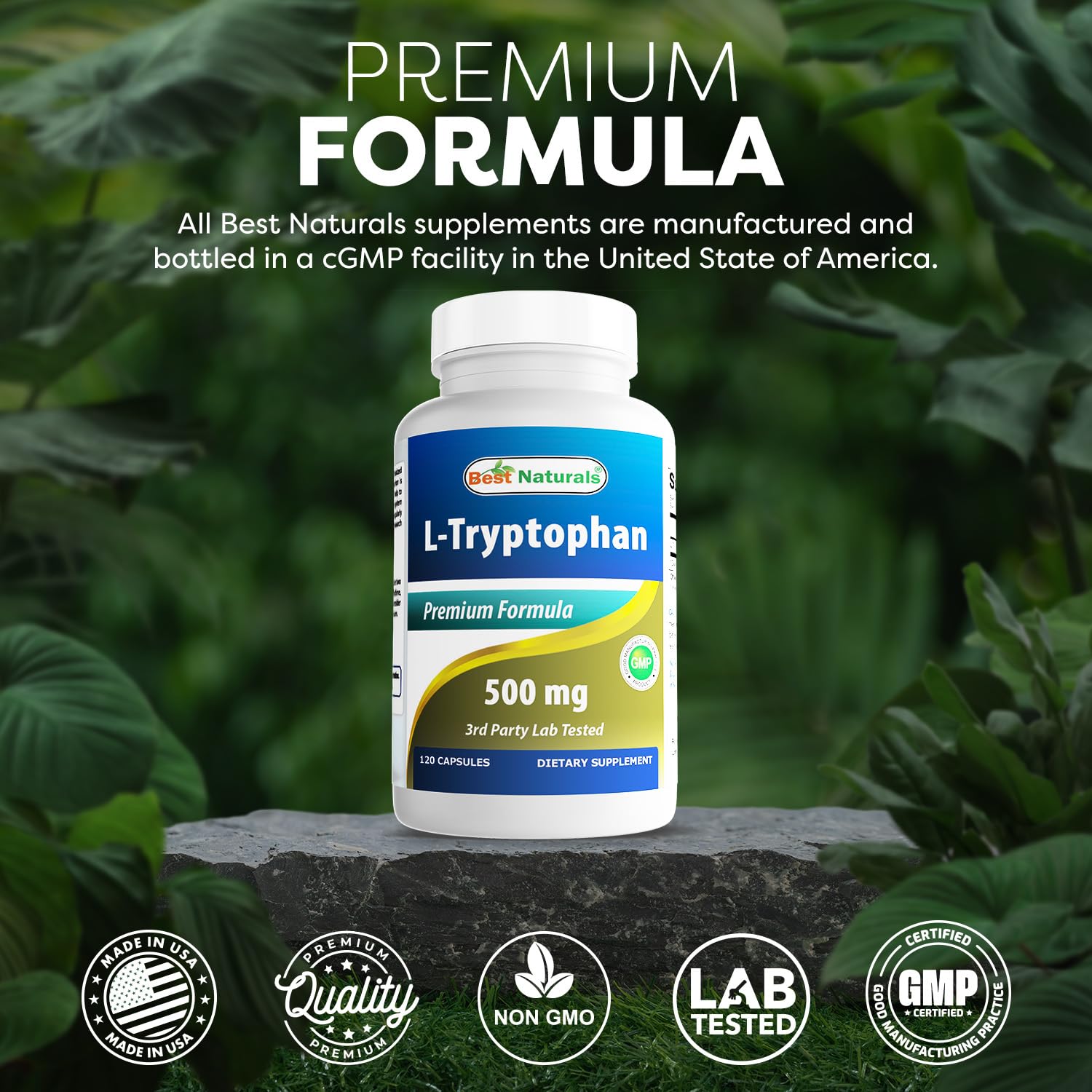 Best Naturals L-Tryptophan 500 mg packaging on shelf shows a 2-bottle set ready.