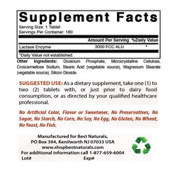 Best Naturals lactase enzyme tablets close-up, 180-count bottle for dairy-friendly meals
