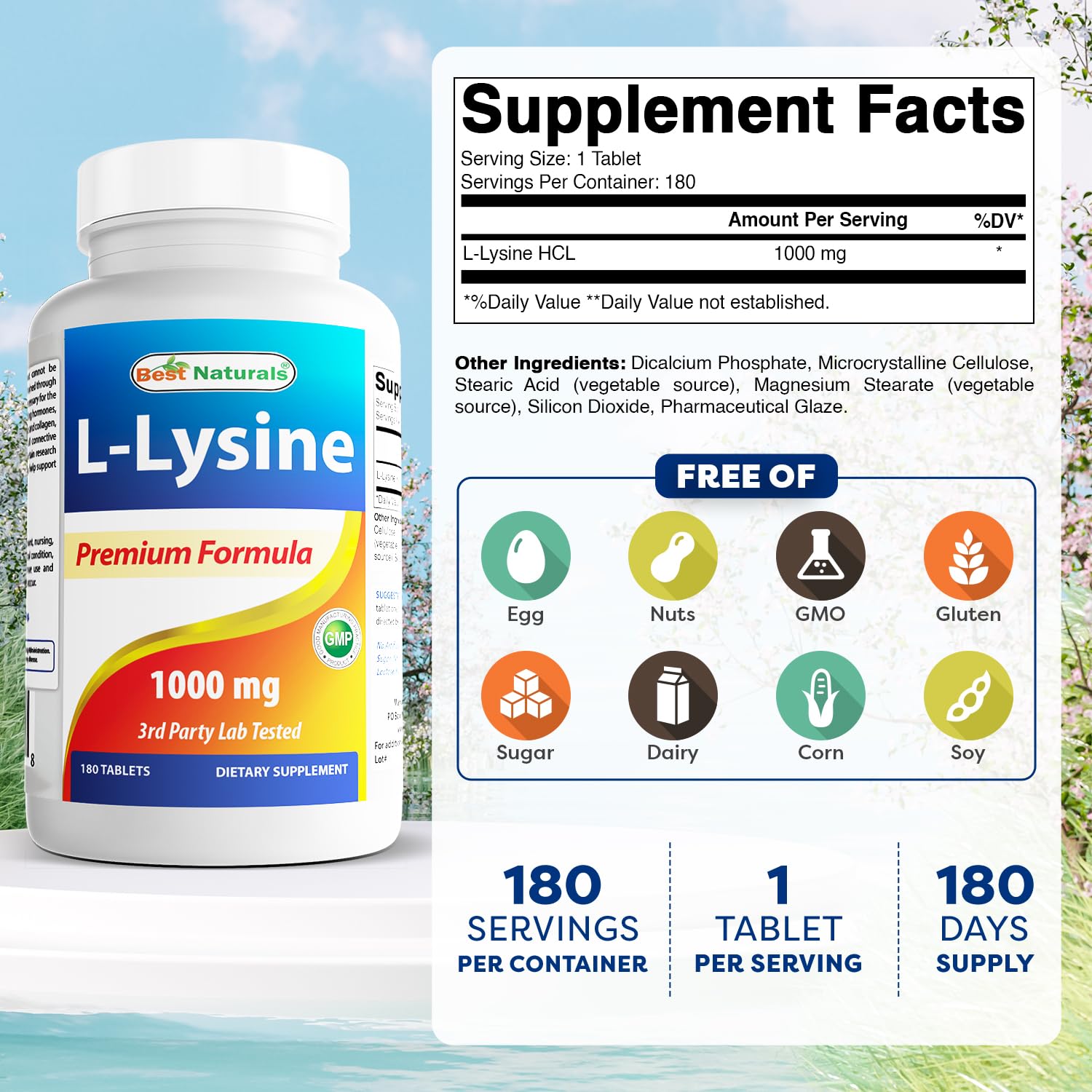 Best Naturals L-Lysine 180 tablets per bottle displayed for convenient daily use