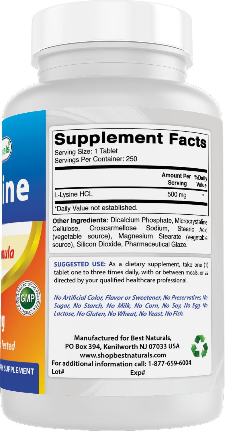 Best Naturals L-Lysine 500 mg bottle being poured.