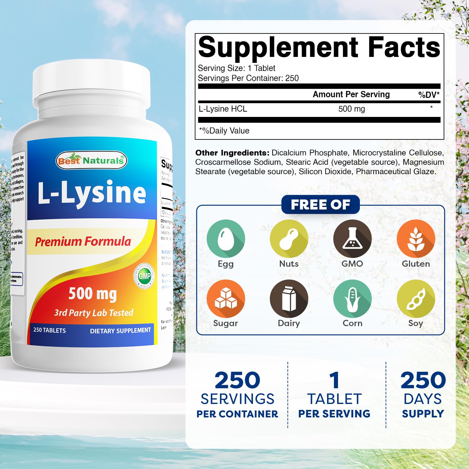 Best Naturals L-Lysine 500 mg bottle side view, 250 tablets per bottle.