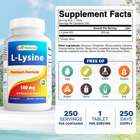 Best Naturals L-Lysine 500 mg bottle side view, 250 tablets per bottle.
