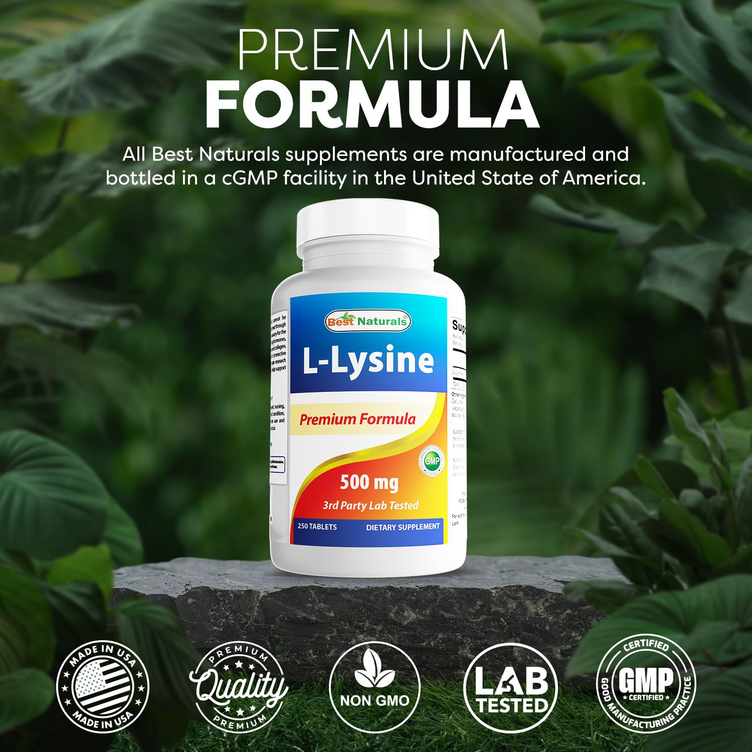 Best Naturals L-Lysine 500 mg bottle with a glass of water beside it.