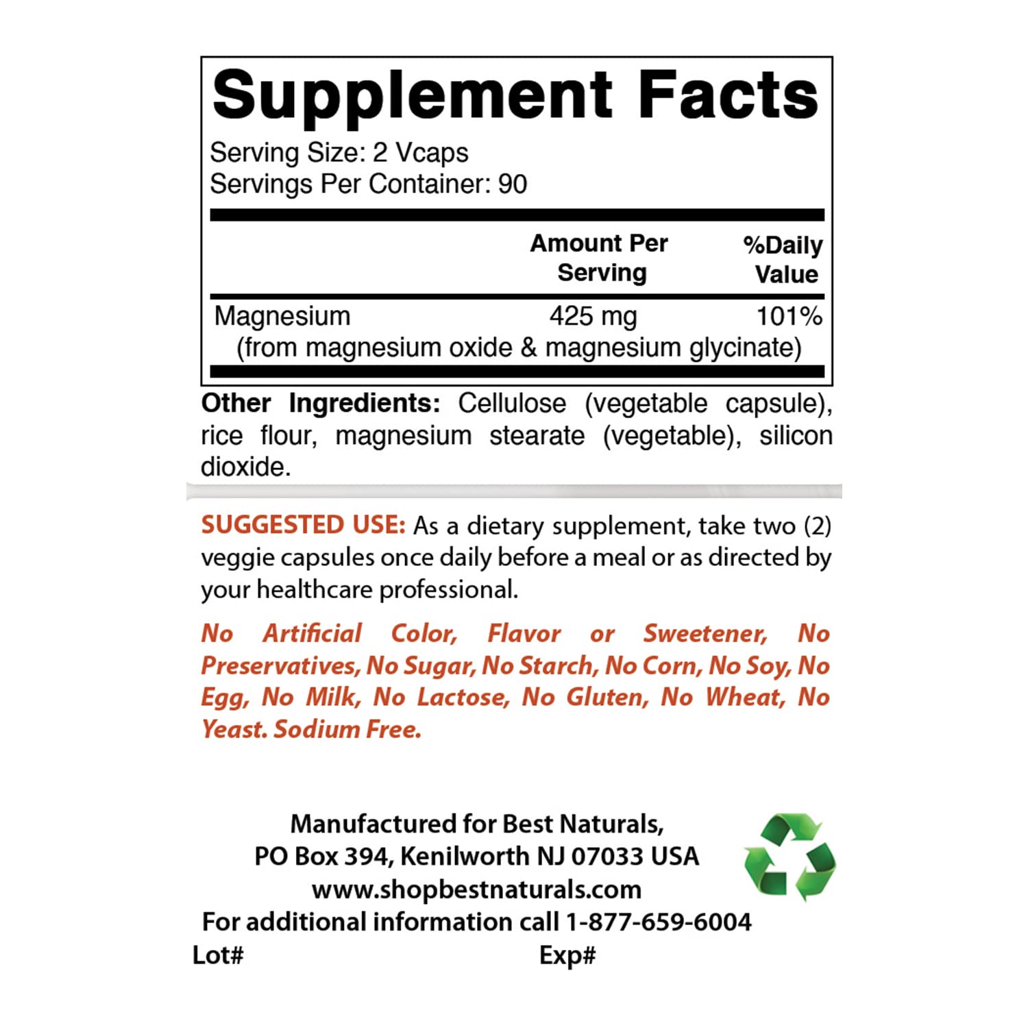 Best Naturals Magnesium ingredients label shows non-GMO gluten-free formulation.