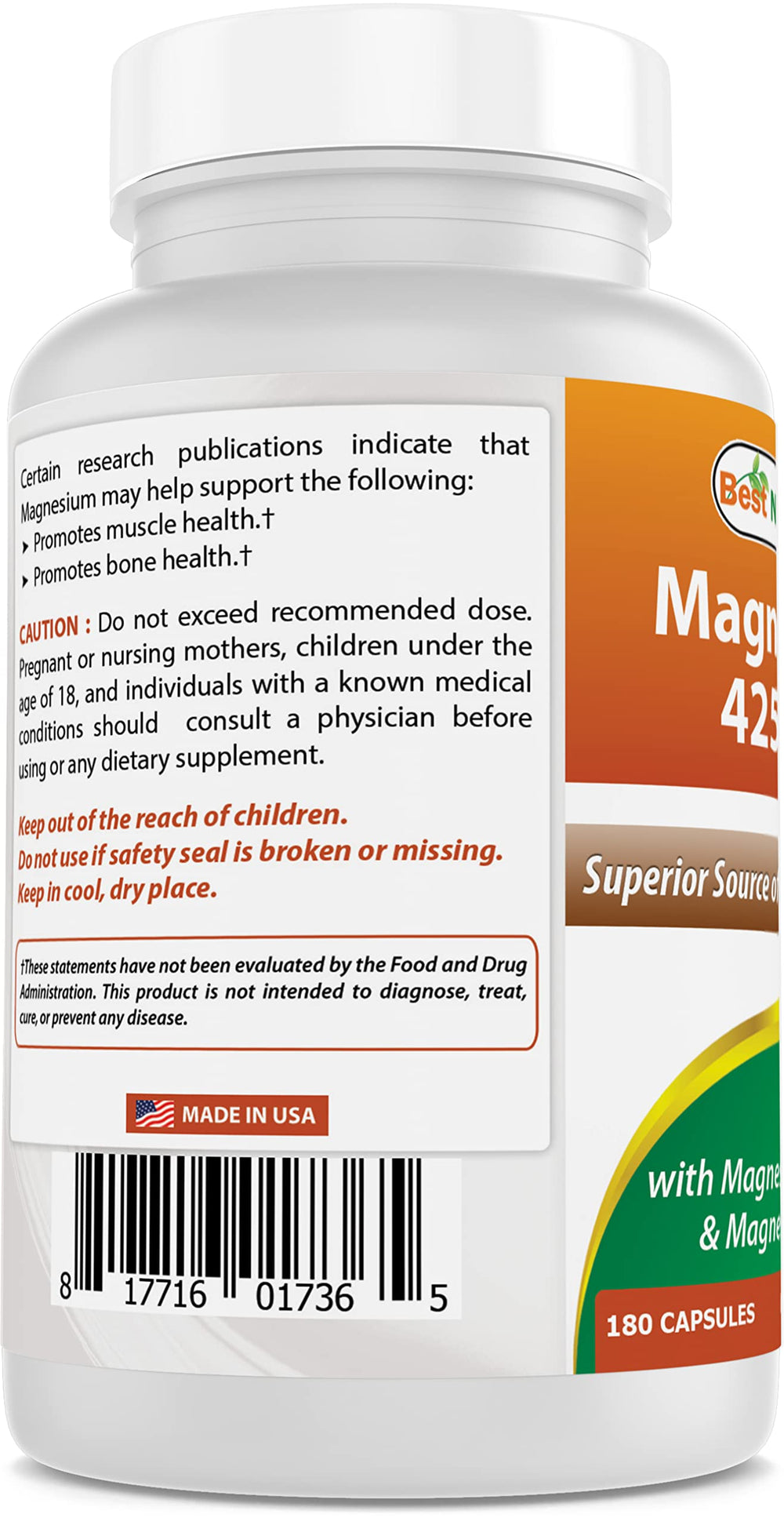 Best Naturals Magnesium USA-made GMP compliant FDA-registered facility logo confirms quality.