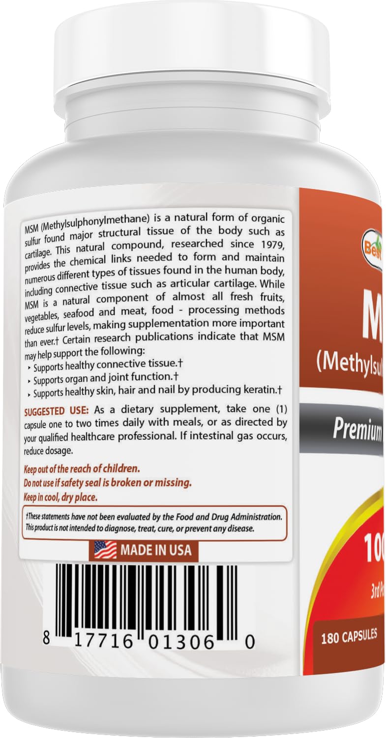 Best Naturals MSM packaging highlights allergen-free formulation for sensitive users.