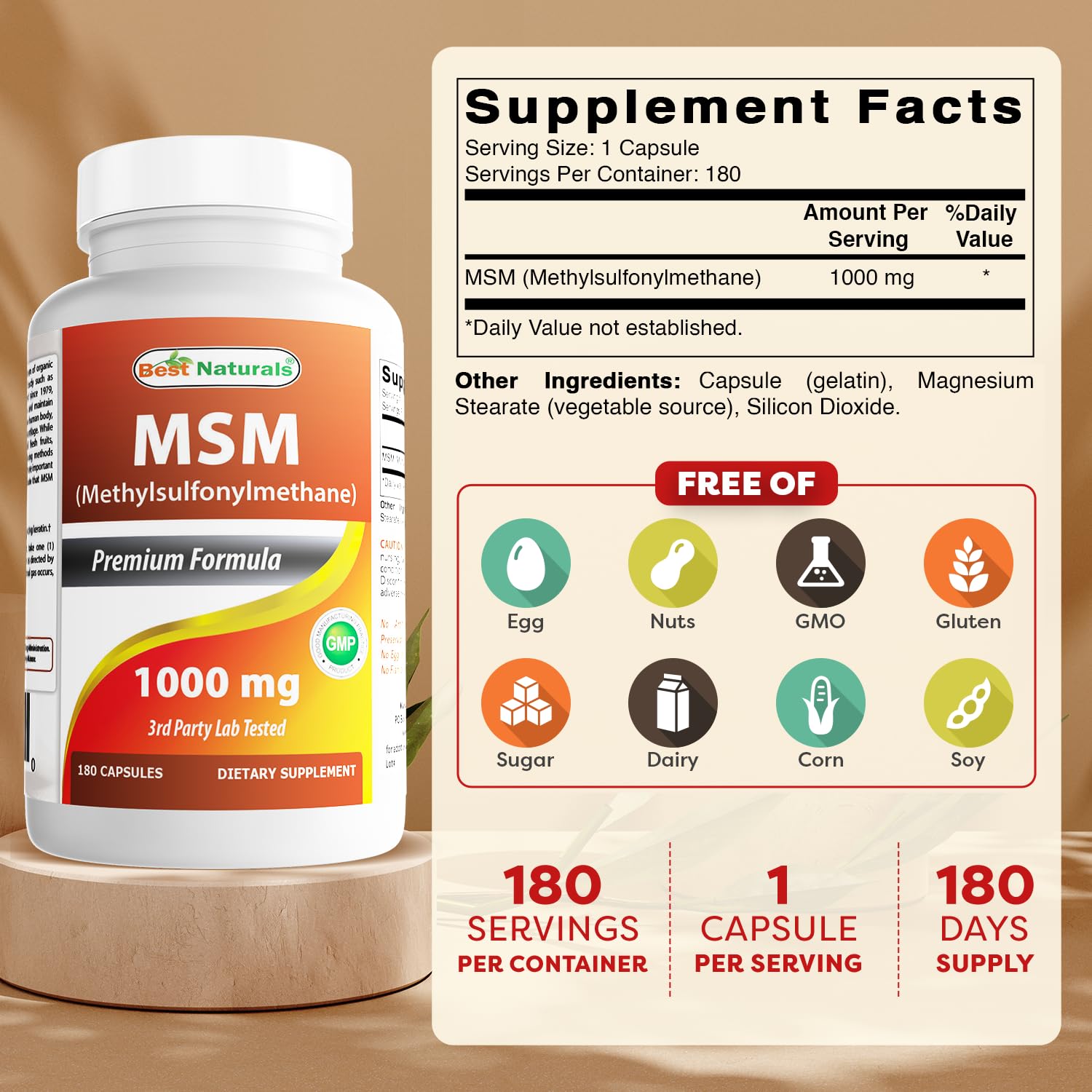 Best Naturals MSM label close-up showing non-GMO and gluten-free formulation.