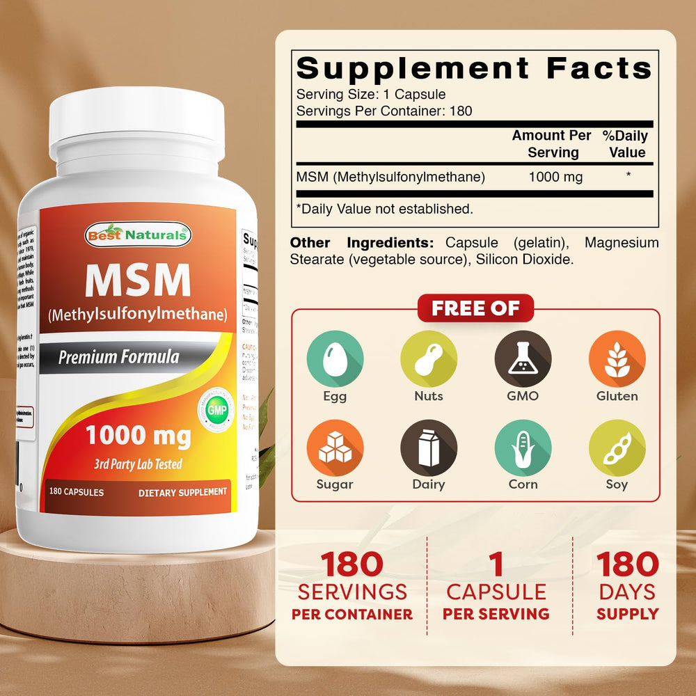 Best Naturals MSM label close-up showing non-GMO and gluten-free formulation.