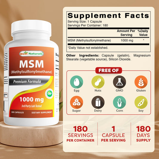 Best Naturals MSM label close-up showing non-GMO and gluten-free formulation.