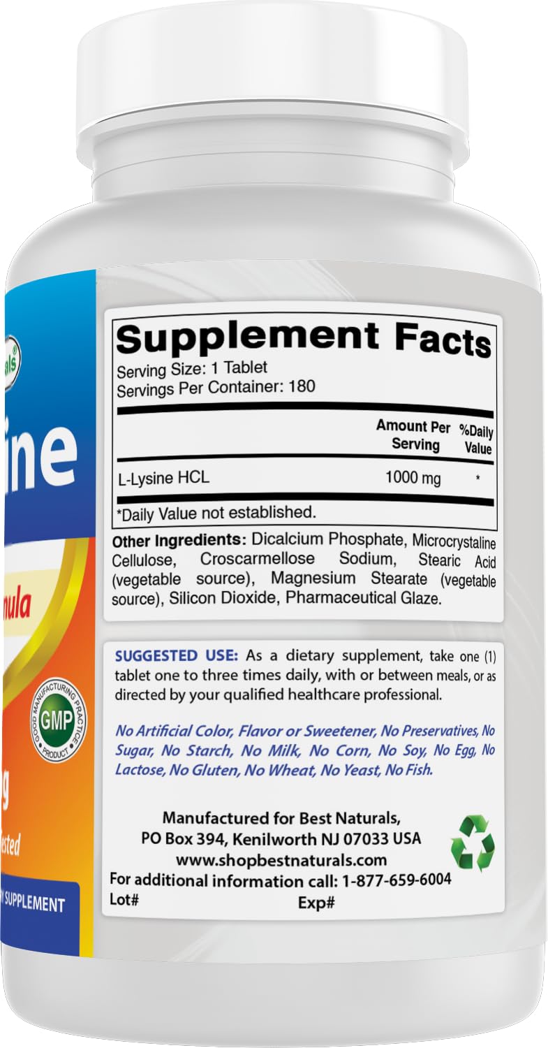 Non-GMO and gluten-free badge on Best Naturals Lysine packaging
