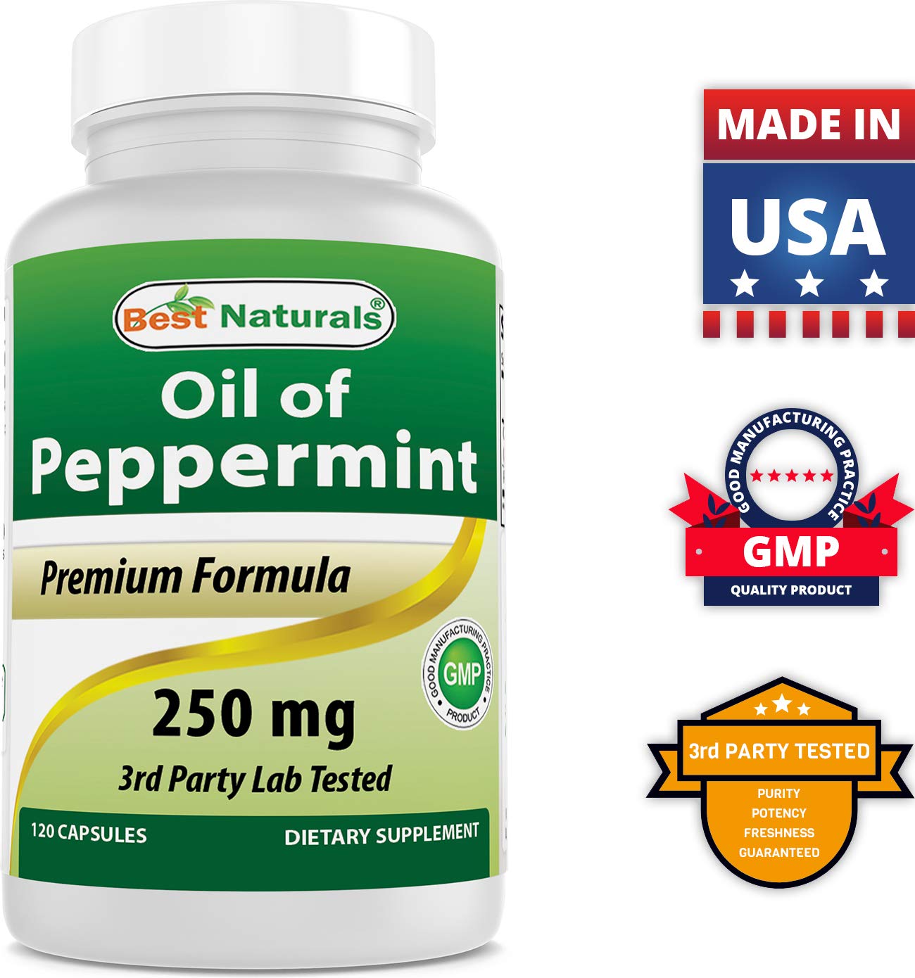 Best Naturals Peppermint Oil ingredient panel confirms non-GMO, gluten-free.