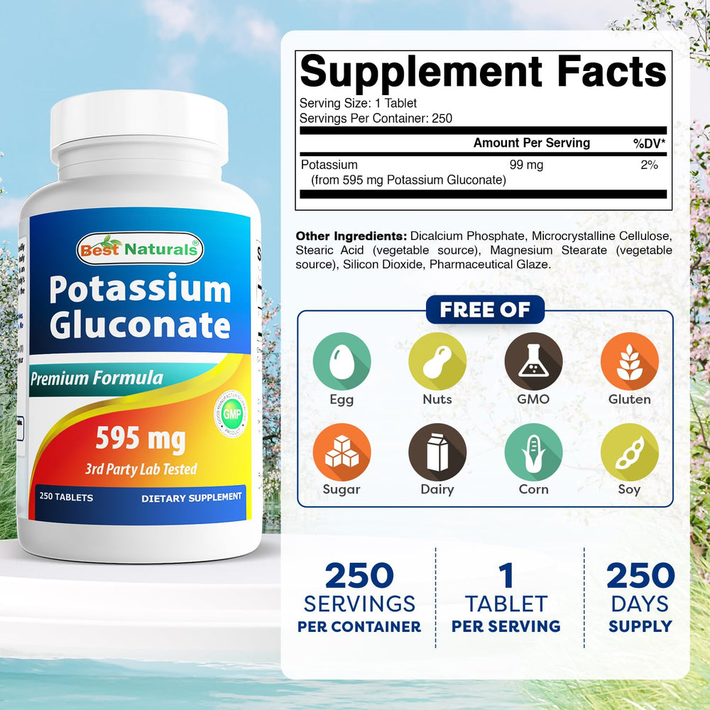 Best Naturals Potassium Gluconate bottle pour demonstrating easy daily dosing