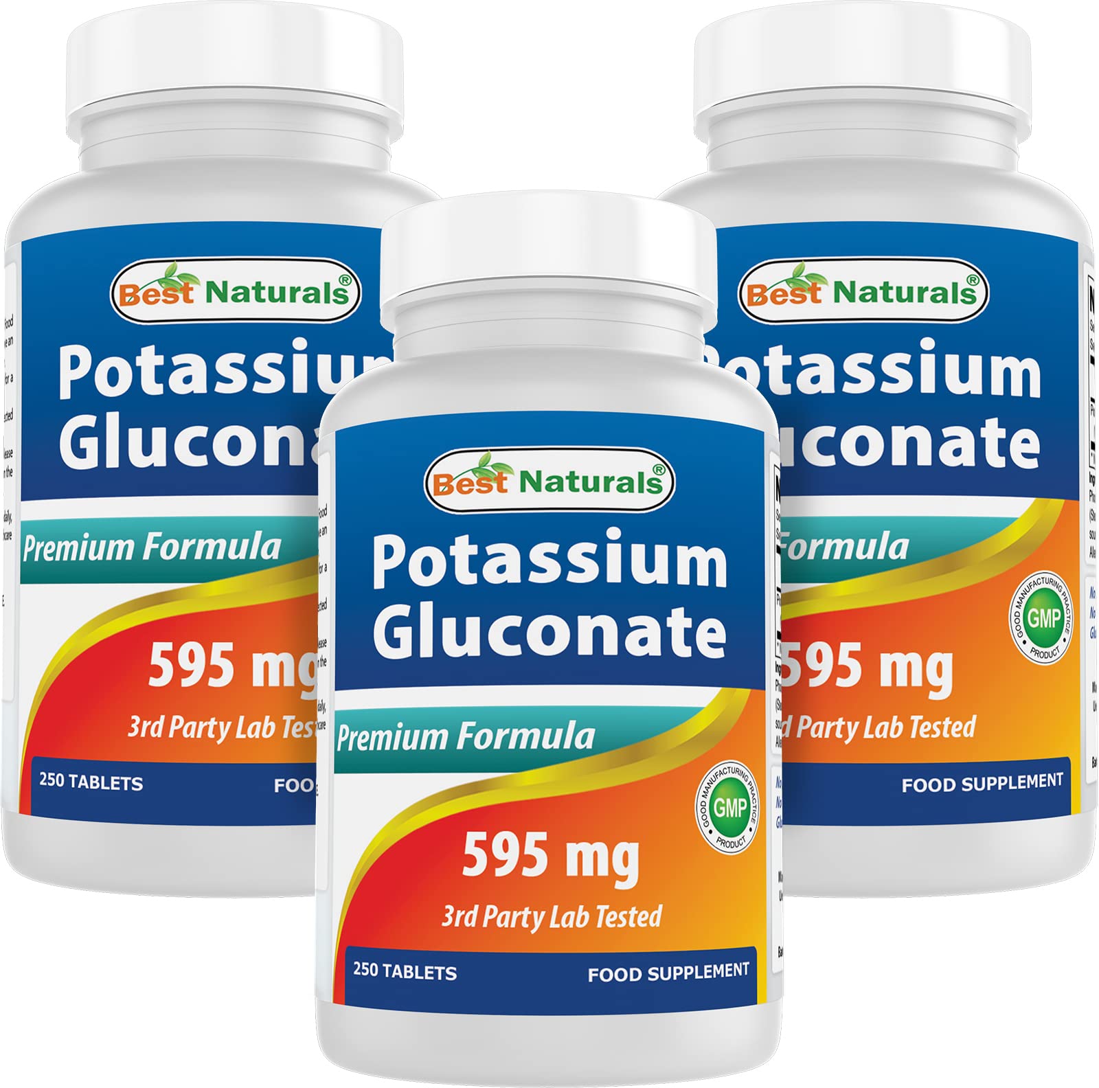 Best Naturals Potassium Gluconate bottle front view, 750-tablet supply in Pack of 3 for daily wellness