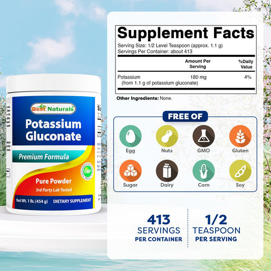 Best Naturals potassium gluconate bottle label shows purity and quality