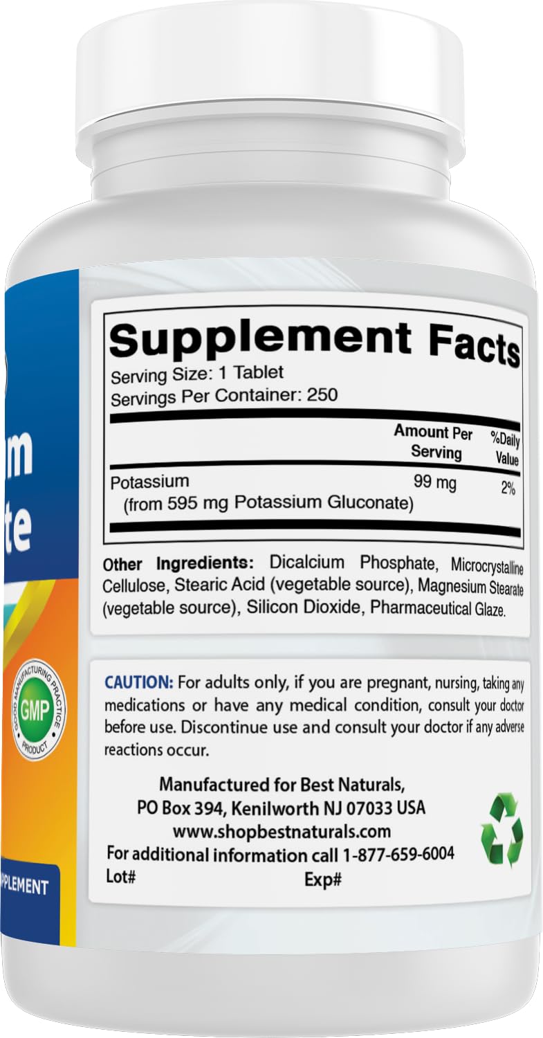 Best Naturals Potassium Gluconate packaging front communicates 595 mg per tablet