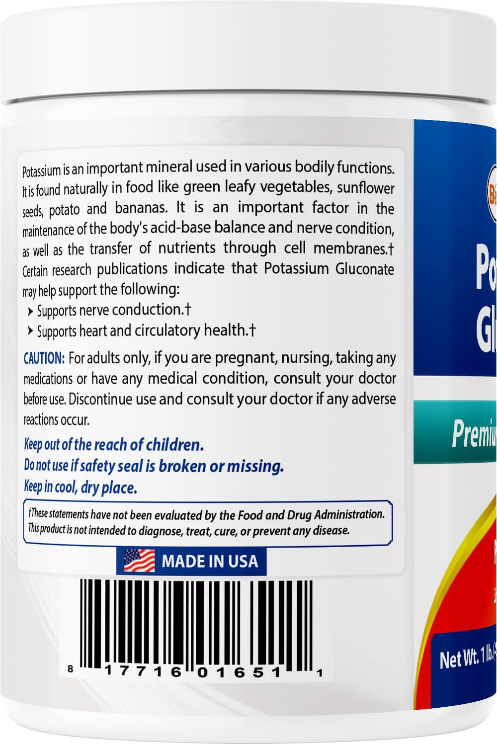 Best Naturals potassium gluconate bottle in USA-made production setting