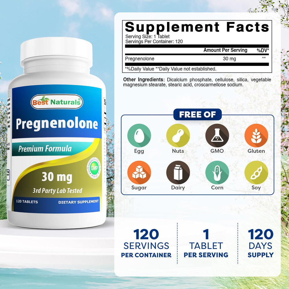 Best Naturals Pregnenolone bottle with 120 tablets for daily routine.