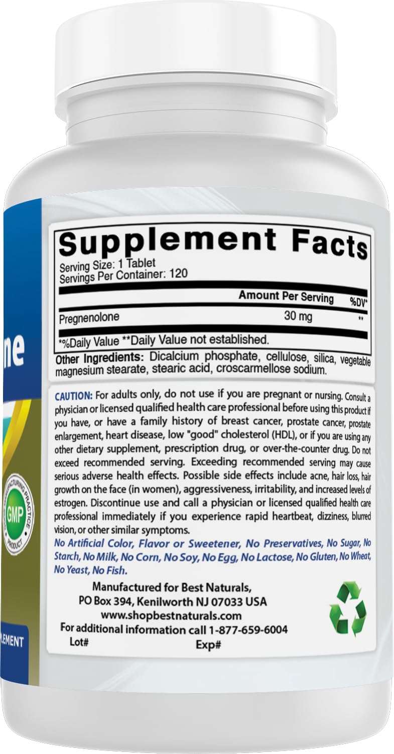 Best Naturals Pregnenolone dosage details show 30 mg per tablet.